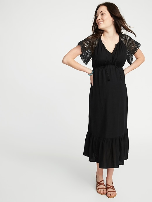 View large product image 1 of 1. Maternity Crochet-Sleeve Cinched-Waist Dress