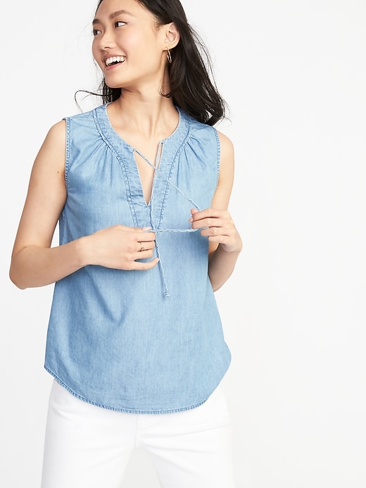 Image number 1 showing, Relaxed Sleeveless Tie-Neck Top for Women