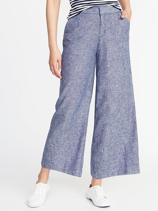 View large product image 1 of 2. High-Rise Linen-Blend Wide-Leg Cropped Pants for Women
