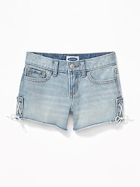 View large product image 3 of 3. Side-Lace-Up Denim Shorts for Girls
