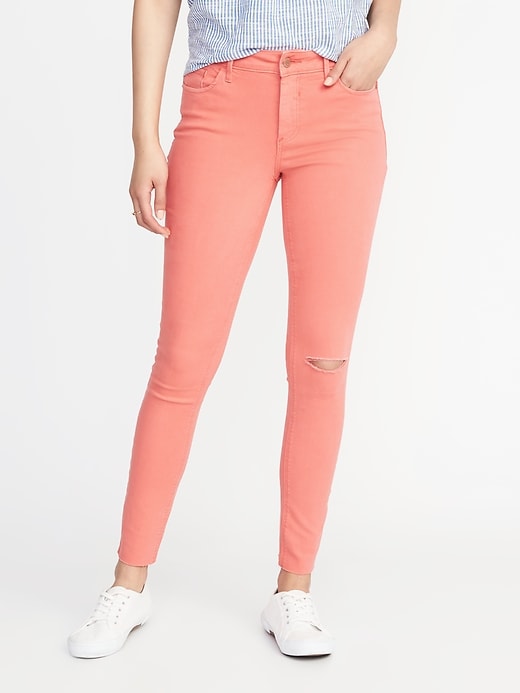 Image number 1 showing, Mid-Rise Pop-Color Raw-Edge Rockstar Ankle Jeans for Women