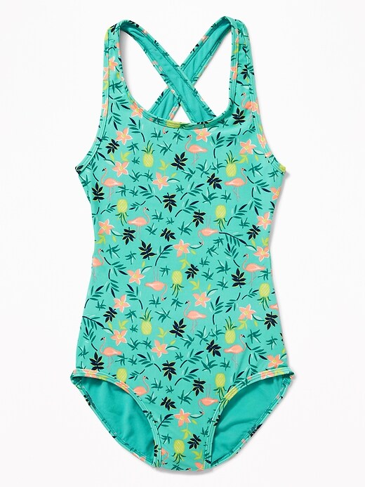 View large product image 1 of 2. Tropical-Print Cross-Back Swimsuit for Girls