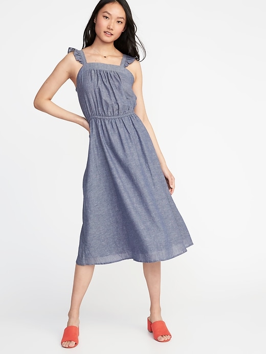 View large product image 1 of 2. Waist-Defined Ruffle-Trim Midi Dress for Women