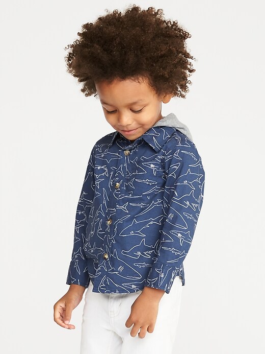 View large product image 1 of 4. Jersey-Hooded Built-In Flex Shark-Print Shirt for Toddler Boys