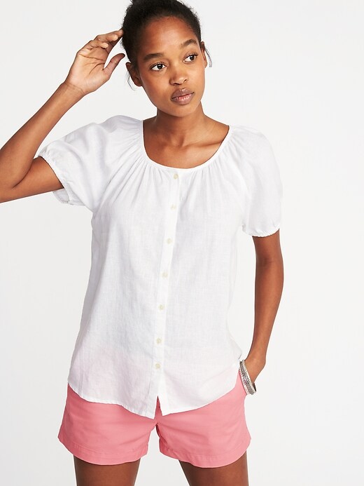 Image number 4 showing, Relaxed Button-Front Bubble-Sleeve Top for Women