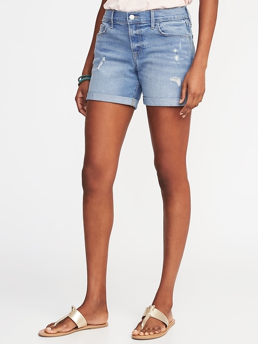 View large product image 1 of 3. Distressed Slim Denim Midi Shorts for Women (5")