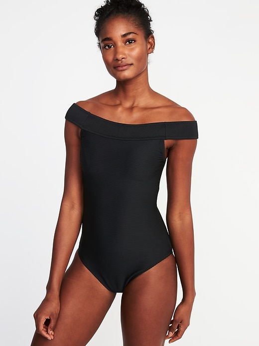 View large product image 1 of 1. Textured Off-the-Shoulder Swimsuit for Women