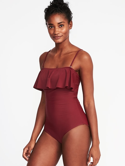 Image number 1 showing, Ruffled Square-Neck Bandeau Swimsuit for Women