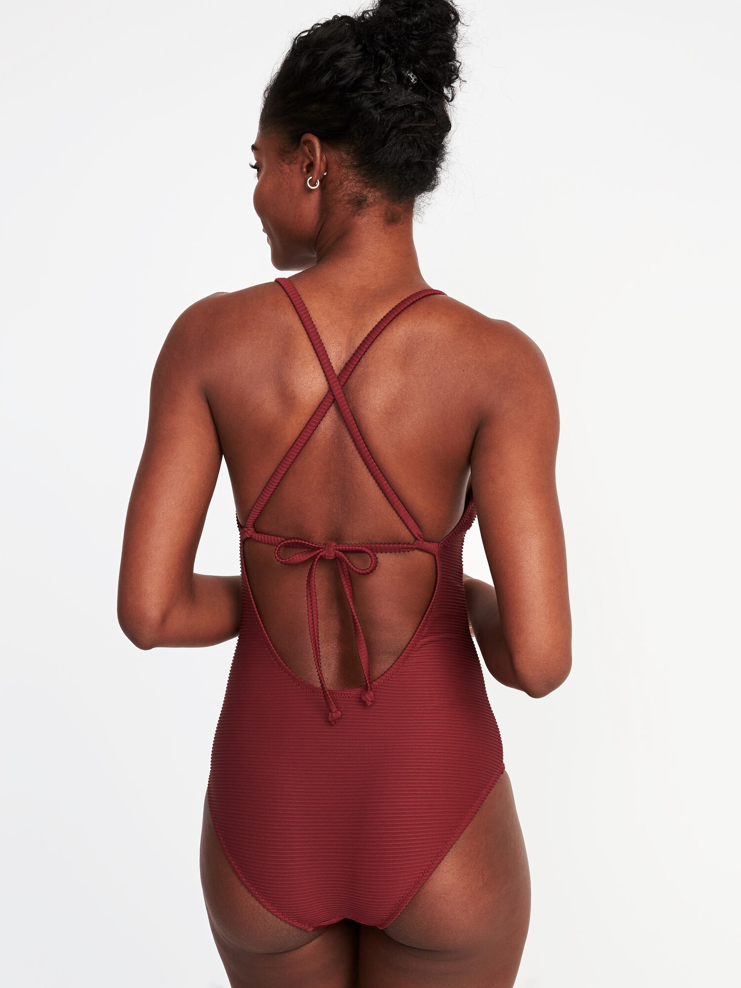 Burgundy Textured Backless One-Piece Swimsuit