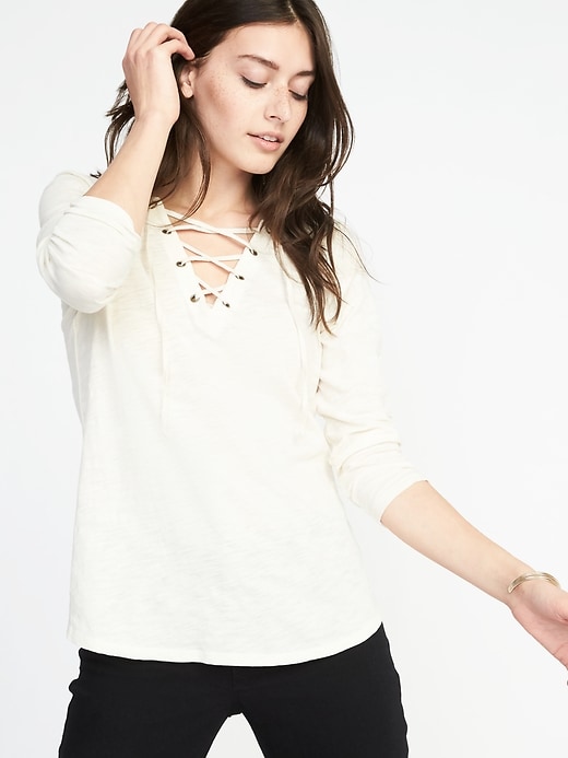 Image number 1 showing, Relaxed Lace-Up Mariner-Knit Top for Women