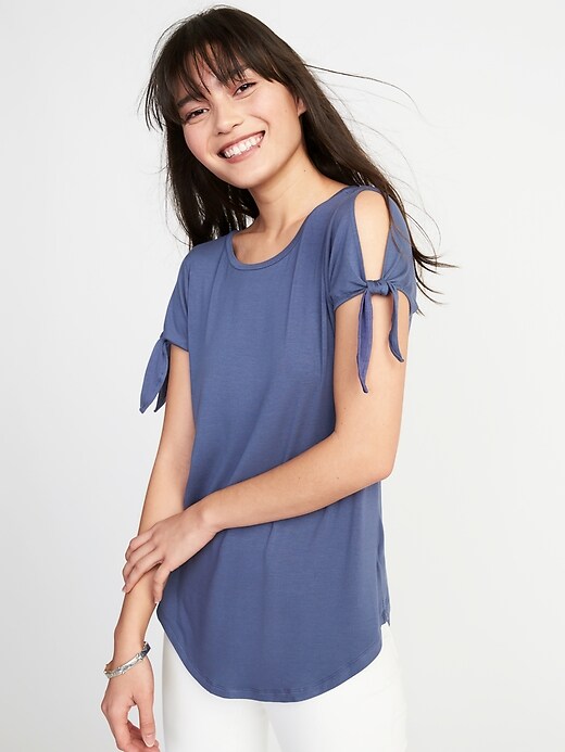 Image number 1 showing, Relaxed Tie-Sleeve Jersey Top for Women