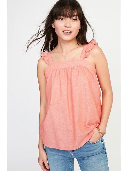 View large product image 1 of 1. Sleeveless Ruffle-Trim Linen-Blend Top for Women