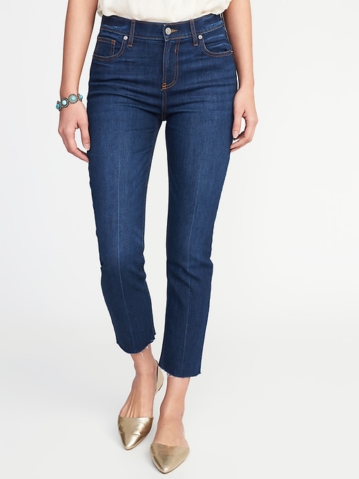Image number 1 showing, Mid-Rise Dark-Wash Raw-Hem Straight Ankle Jeans for Women