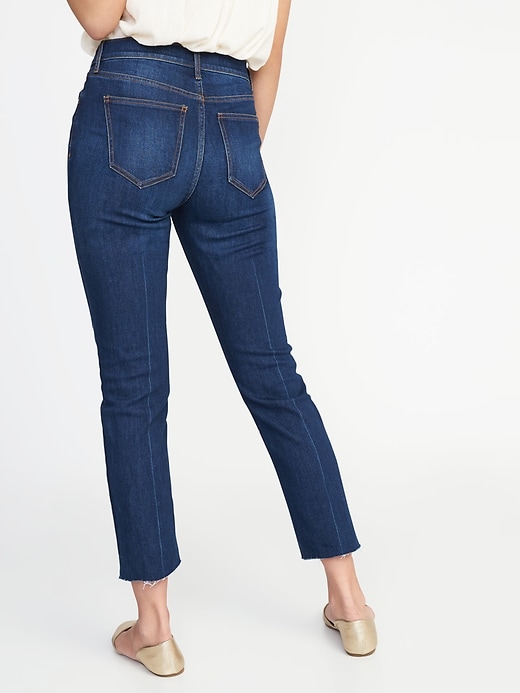 Image number 2 showing, Mid-Rise Dark-Wash Raw-Hem Straight Ankle Jeans for Women