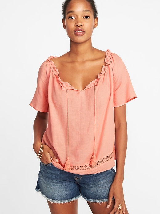 Image number 1 showing, Relaxed Tassel-Tie Peasant Top for Women