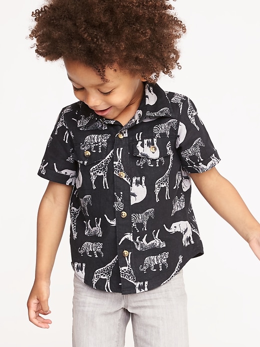 View large product image 1 of 4. Safari Animal-Print Linen-Blend Shirt for Toddler Boys