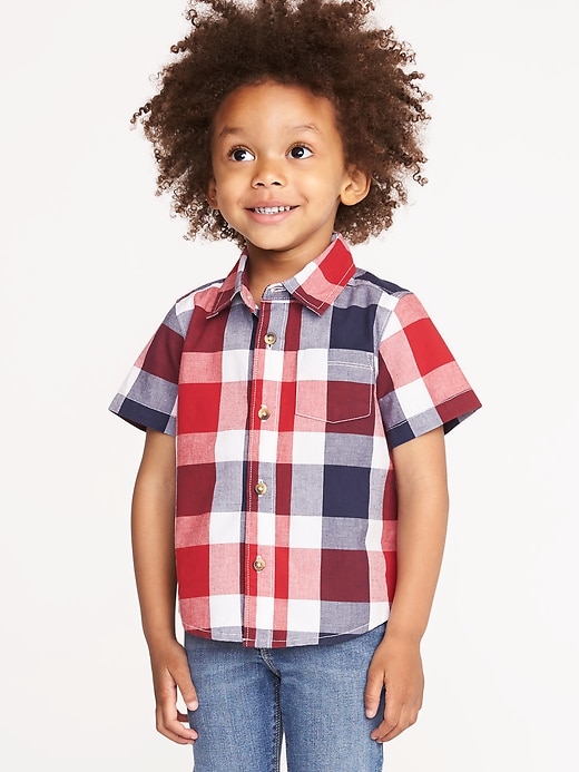 View large product image 1 of 4. Red, White & Blue Plaid Built-In Flex Shirt for Toddler Boiys