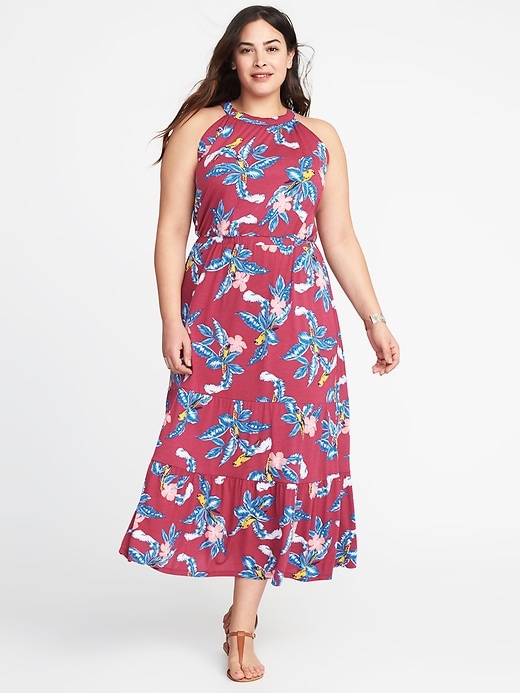 View large product image 1 of 1. Waist-Defined Halter Plus-Size Tiered Maxi