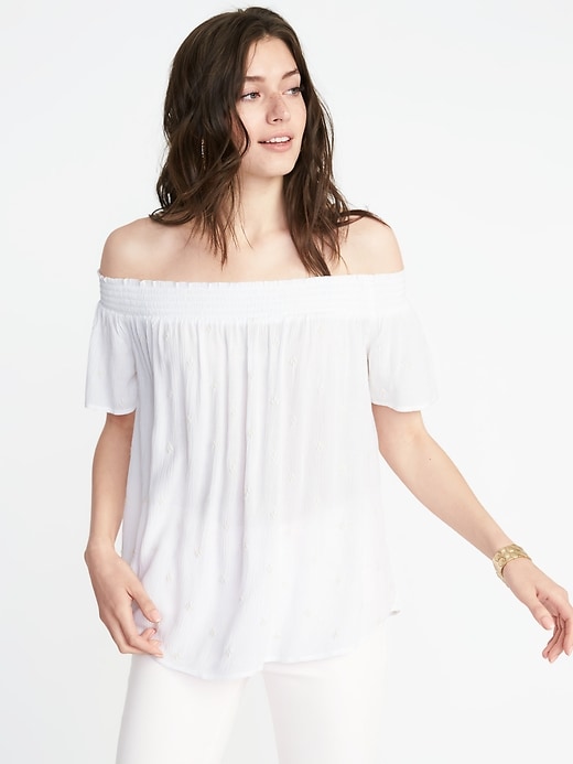 Image number 1 showing, Relaxed Off-the-Shoulder Smocked Top for Women