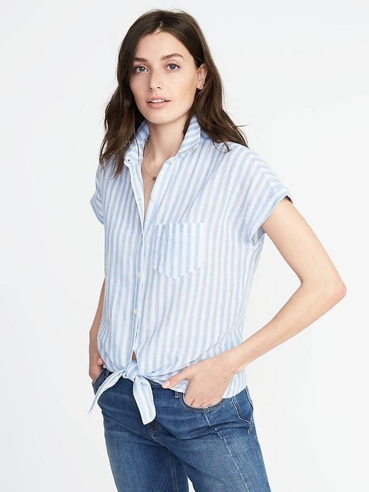 View large product image 1 of 1. Relaxed Tie-Front Linen-Blend Shirt for Women