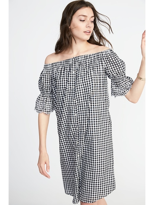 Image number 3 showing, Off-the-Shoulder Button-Front Gingham Dress for Women