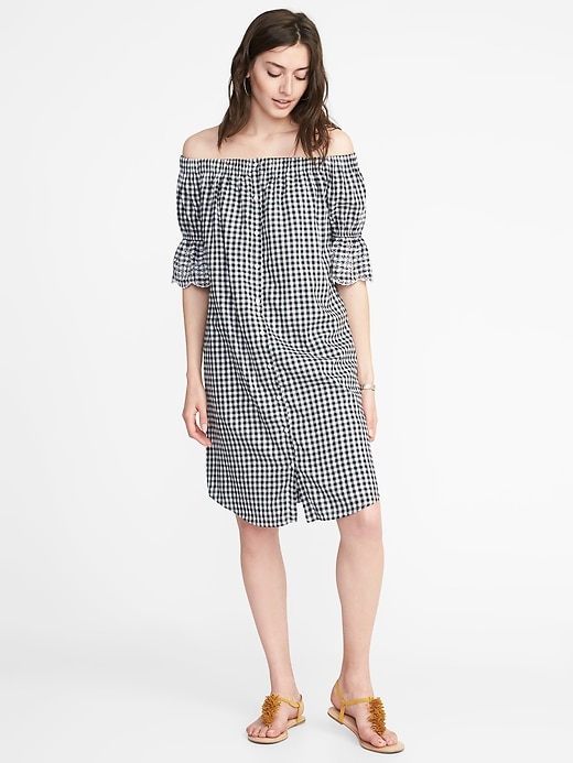 Image number 1 showing, Off-the-Shoulder Button-Front Gingham Dress for Women