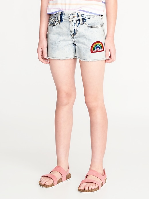 View large product image 1 of 3. "California" Rainbow-Patch Denim Cut-Offs for Girls