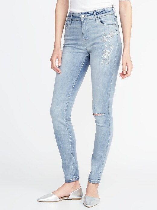 View large product image 1 of 3. Mid-Rise Floral-Embroidered Rockstar Super Skinny Jeans for Women