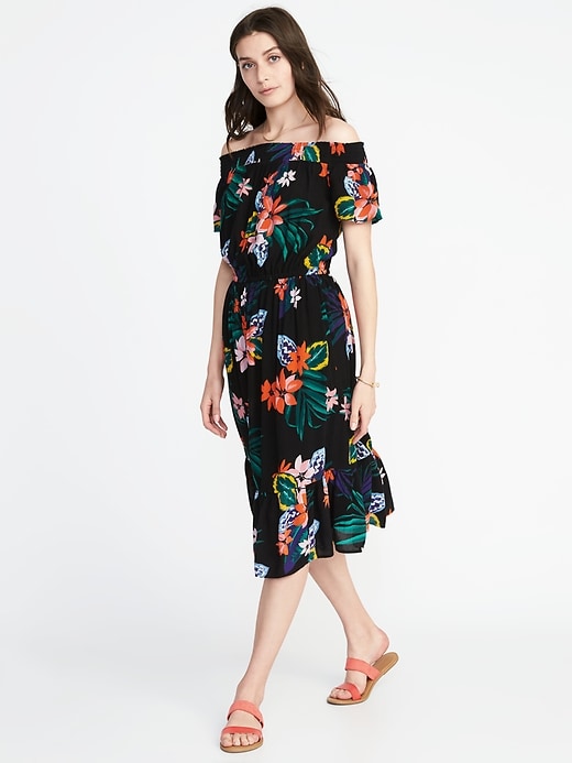 Image number 1 showing, Waist-Defined Off-the-Shoulder Crinkle-Gauze Midi Dress for Women