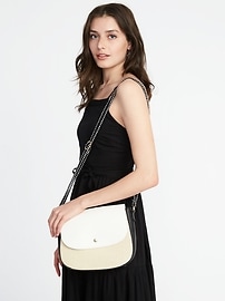 View large product image 3 of 3. Color-Blocked Straw/Faux-Leather Saddle Bag for Women
