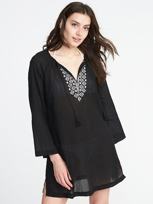 View large product image 1 of 2. Embroidered Tassel-Tie Swim Tunic for Women