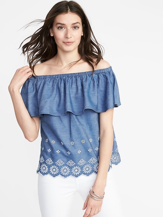 Image number 1 showing, Ruffled Off-the-Shoulder Cutwork Top for Women