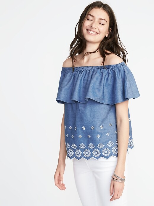 Image number 4 showing, Ruffled Off-the-Shoulder Cutwork Top for Women