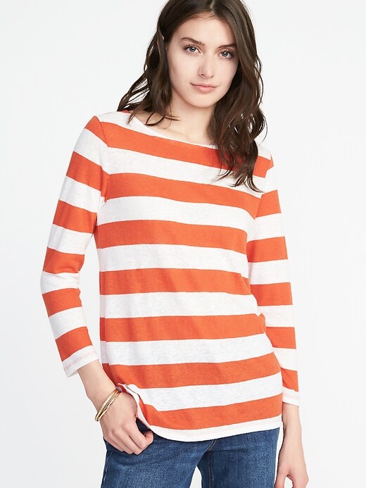 View large product image 1 of 1. Relaxed Mariner-Stripe Linen-Blend Tee for Women