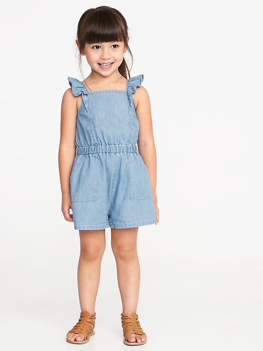 View large product image 1 of 3. Ruffle-Trim Chambray Romper for Toddler Girls