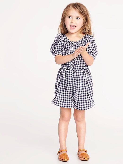 View large product image 1 of 3. Gingham Linen-Blend Romper for Toddler Girls