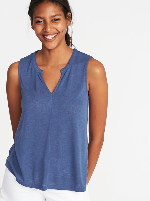 View large product image 1 of 1. Relaxed Sleeveless Split-Neck Top for Women