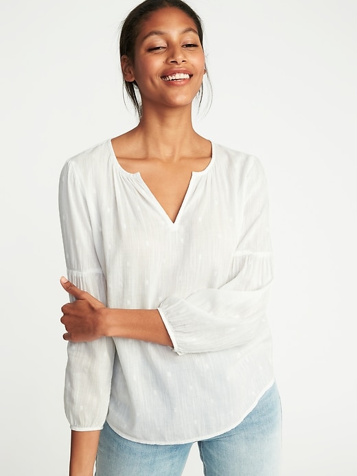 View large product image 1 of 1. Relaxed Split-Neck Shirred Blouse for Women