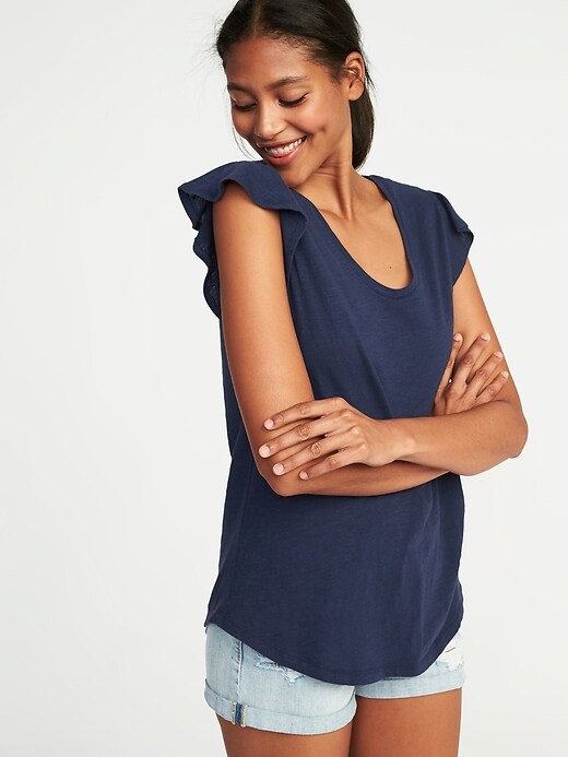 Image number 1 showing, Ruffle-Trim Voop-Neck Tee for Women