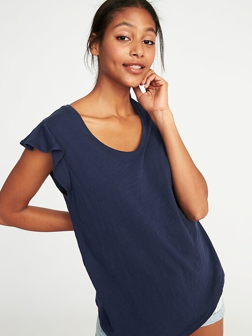 Image number 4 showing, Ruffle-Trim Voop-Neck Tee for Women