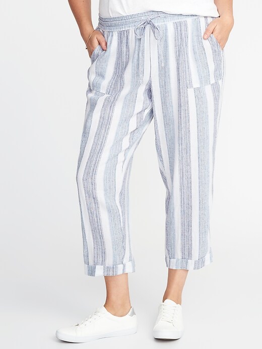 View large product image 1 of 3. Striped Plus-Size Linen-Blend Cropped Soft Pants