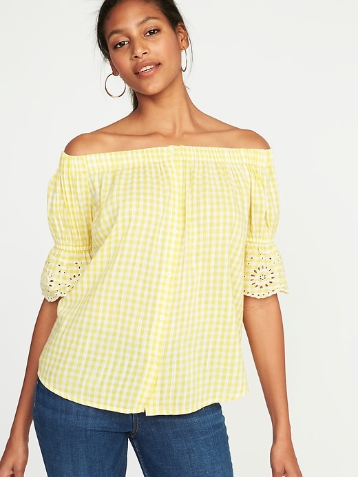 Image number 1 showing, Off-the-Shoulder Button-Front Gingham Swing Top for Women