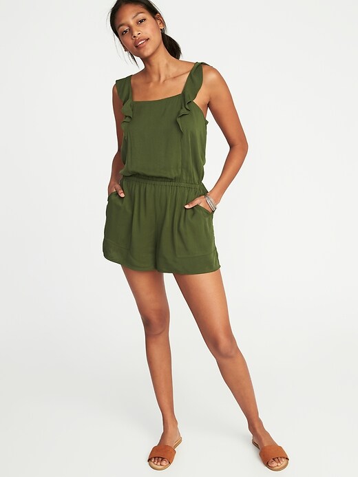 View large product image 1 of 1. Sleeveless Flutter-Trim Utility Romper for Women