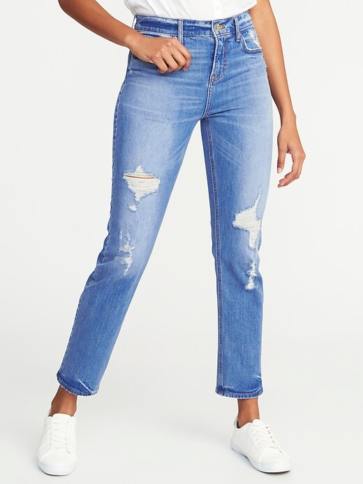 View large product image 1 of 3. Mid-Rise Distressed Straight Ankle Jeans for Women
