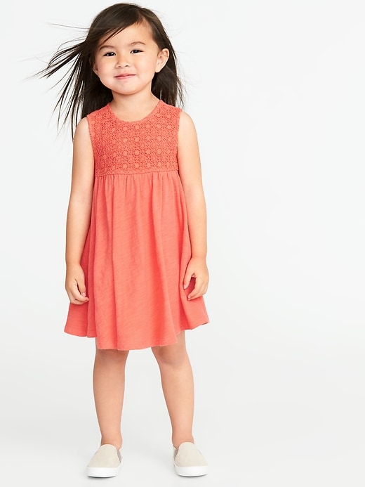 View large product image 1 of 1. Sleeveless Lace-Yoke Swing Dress for Toddler Girls