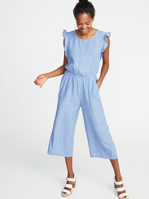 Image number 1 showing, Waist-Defined Linen-Blend Utility Jumpsuit for Women