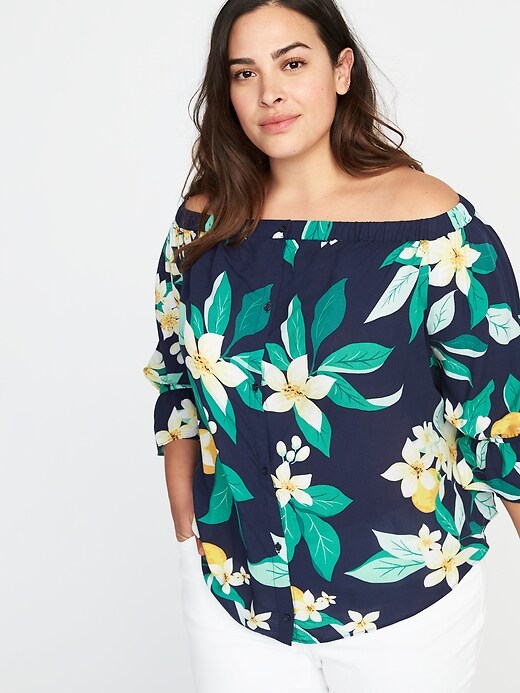 Image number 1 showing, Plus-Size Off-the-Shoulder No-Peek Button-Front Blouse