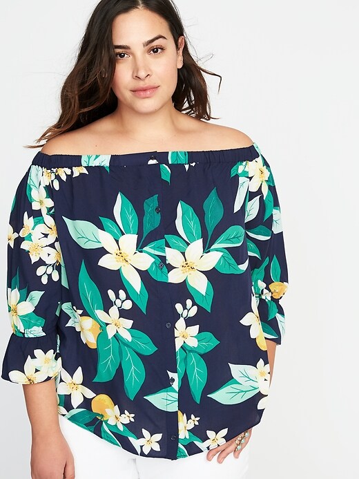 Image number 4 showing, Plus-Size Off-the-Shoulder No-Peek Button-Front Blouse