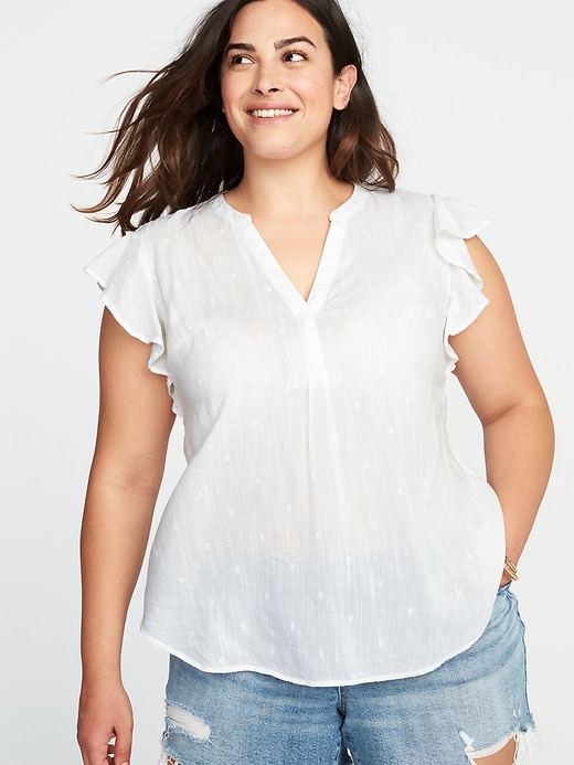 View large product image 1 of 1. Plus-Size Ruffle-Trim Popover Top