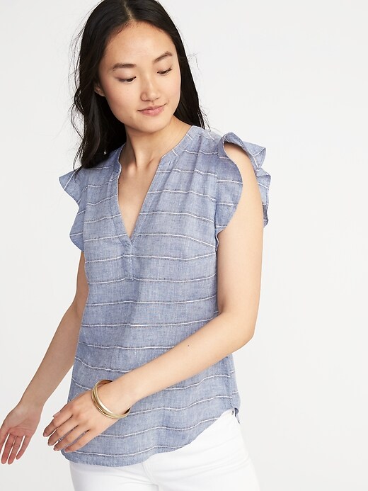Image number 1 showing, Ruffle-Trim Linen-Blend Popover Shirt for Women